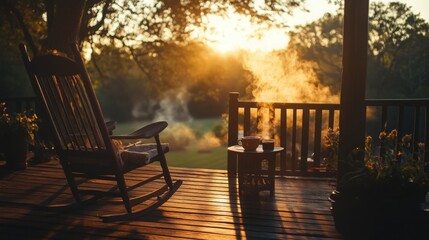 Fototapeta premium A rocking chair on the porch, a cup of steaming coffee on a table nearby, a view of the sprawling garden at sunrise