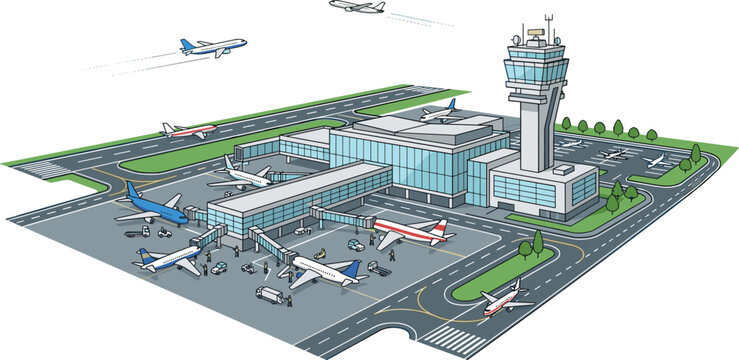 Detailed isometric illustration of a busy airport terminal with multiple airplanes, a control tower, and ground support vehicles, showcasing air travel and logistics