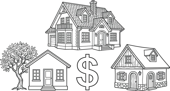 Black and white line art illustrating diverse residential properties and a dollar sign, symbolizing the financial journey and investment decisions in the world of real estate