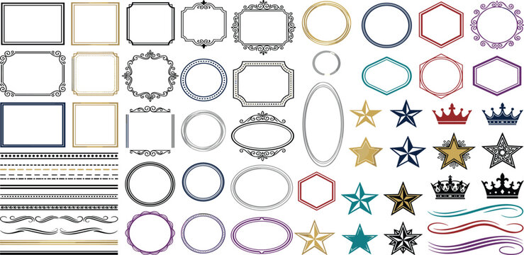 Vector collection of elegant frames, ornamental borders, classic stars, and ornate crowns, ideal for adding vintage charm and sophisticated embellishment to design projects