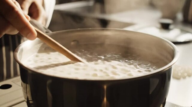 Chef stirring boiling tapioca pearls in a pot on the stovetop creating a culinary preparation in a home kitchen