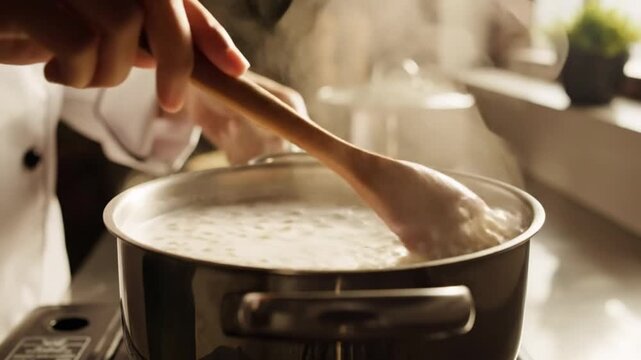 Chef stirring simmering sago pearls in pot on kitchen stove preparing a sweet dessert recipe