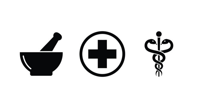 Medical icons featuring a mortar medical cross and caduceus silhouette