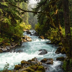 Fototapeta premium A serene and vibrant forest scene with a flowing river