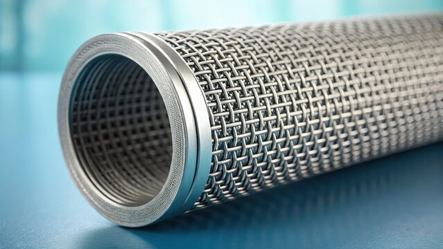 Close up of a metallic mesh cylinder with a smooth rim on a blue surface