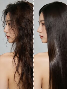 The left and right sides of the same model's hair are compared: the left side is frizzy and messy, while the right side is smooth and shiny, intuitively showing the hair quality improvement effect bef