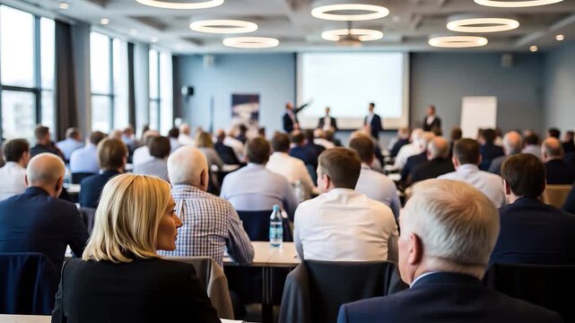Corporate conference hall seminar presentation audience listening attentively keynote speaker