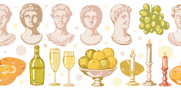 Classical busts fruit and candles in a seamless pattern design