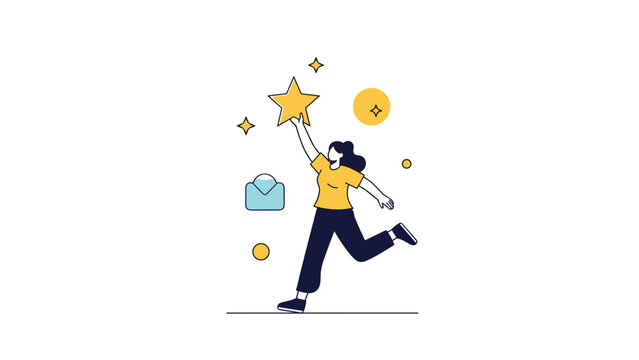 Personal goals and motivation concept showing woman jumping to reach a big gold star next to an envelope graphic icon.
