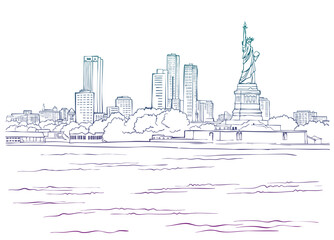 Fototapeta premium View of New York. USA. Hudson river. Urban sketch. Line Art. Ink Drawing. Hand drawn urban landscape. Vector illustration. Postcard style.