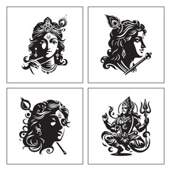Obraz premium Elegant black and white Krishna Radha Shiva divine portrait icon set 