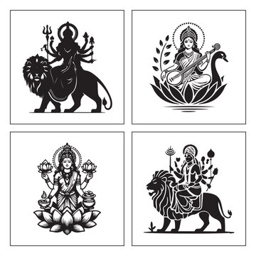 Hindu goddesses Durga Saraswati Lakshmi Durga lion black white set