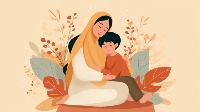 Vector illustration of a mother and child sitting with flowers