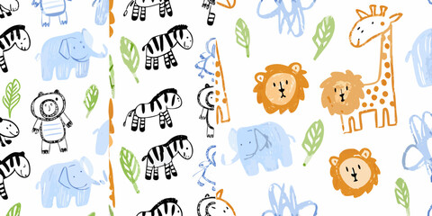 Whimsical pattern featuring childlike drawings of safari animals and foliage © Roni