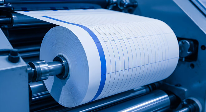 Industrial machine rolls out continuous sheet of paper in factory setting