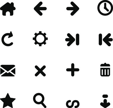 Minimal user interface icon set vector with navigation arrows, home, search, settings, mail and delete symbols for web design, mobile apps and UI elements