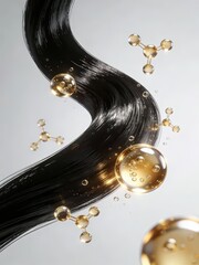 Obraz premium Jet-black hair strands form a dynamic S-curve, surrounded and attached by golden molecular structure nourishing liquid bubbles, vividly showing the deep nourishment and technological repair texture of