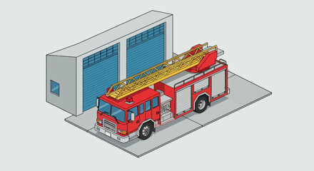 Fototapeta premium Isometric Illustration of a Fire Station and Fire Engine