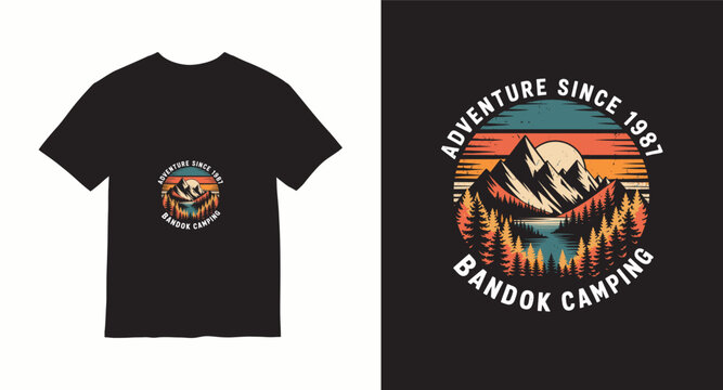 Adventure since 1987 bandok camping retro sunset mountain landscape circle badge illustration