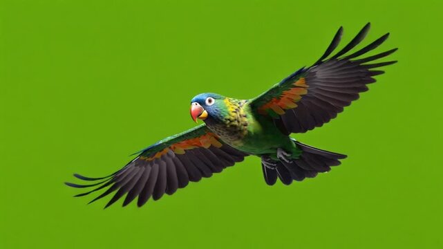 Colorful parrot in flight with wings spread against a vibrant green background