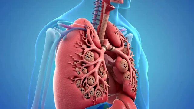 Human lungs with bronchi and trachea in chest cavity