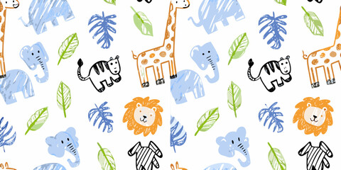 Childlike drawing of safari animals and tropical leaves on white © Bijon