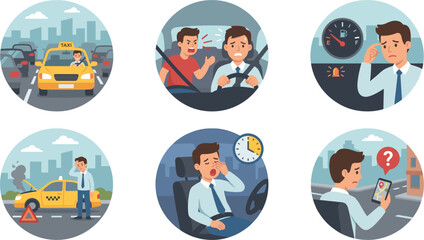 Fototapeta premium Vector Icons Set for Taxi Ride Troubles, Traffic Jams, Car Breakdown, and Navigation Issues for Websites, Apps, and Digital Media Projects