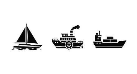 Three black ships a sailboat paddle steamer and freighter silhouette © MSTMARIA