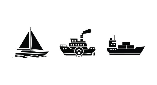 Three black ships a sailboat paddle steamer and freighter silhouette
