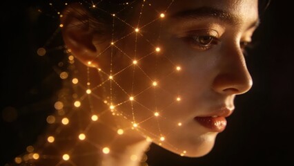 Obraz premium A woman's side profile is interwoven with golden tech grid light effects, presenting futuristic and digital skin aesthetics, making it a material image suitable for technology, beauty and skin care sc