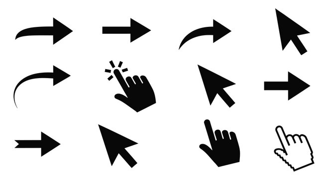 Collection of black cursor arrows and hand icons a graphic silhouette