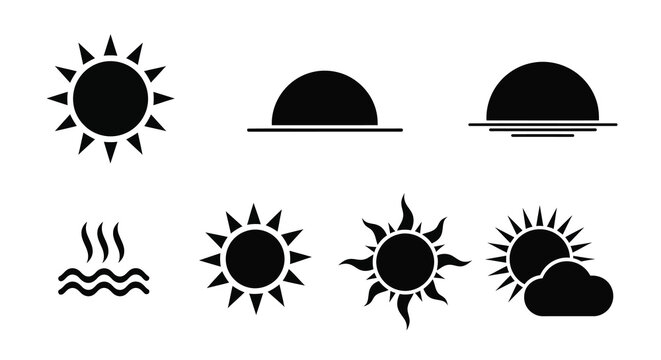 Minimalist weather icons depicting sun clouds and heat a silhouette
