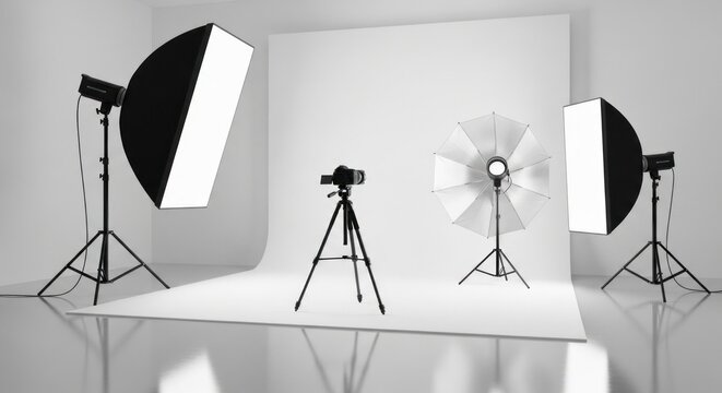 A photo studio setup with camera and lighting equipment.