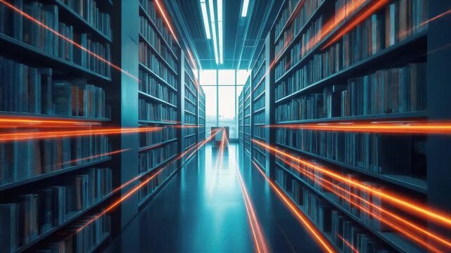 Futuristic library with neon lighting and bookshelves digital