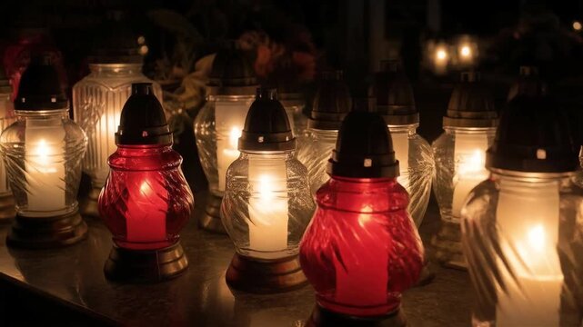 Glowing lanterns lit candles memorial night scene solemn atmosphere
