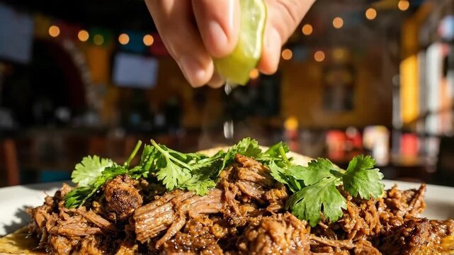 Hands squeezing fresh lime over shredded beef with cilantro. Garnishing Mexican food dish process in restaurant. Lime juice drizzling on plate for added flavor.