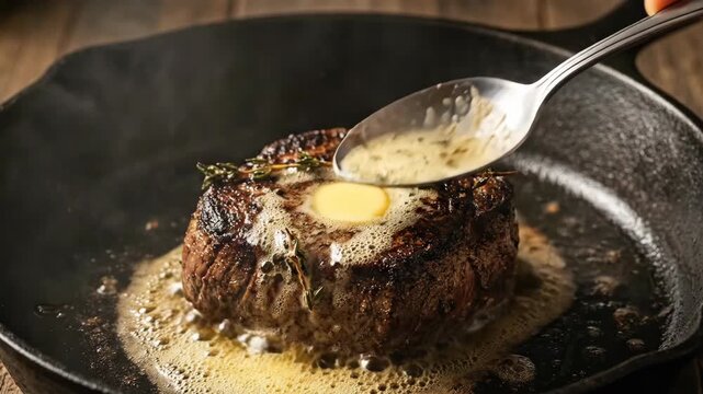 Pouring herb butter over seared steak topped with egg yolk in hot cast iron pan. Cooking sequence of finishing gourmet meat dish with melted sauce and steam rising.