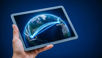 A hand holding a tablet displaying a 3D AI-powered flight plan connecting London and New York.