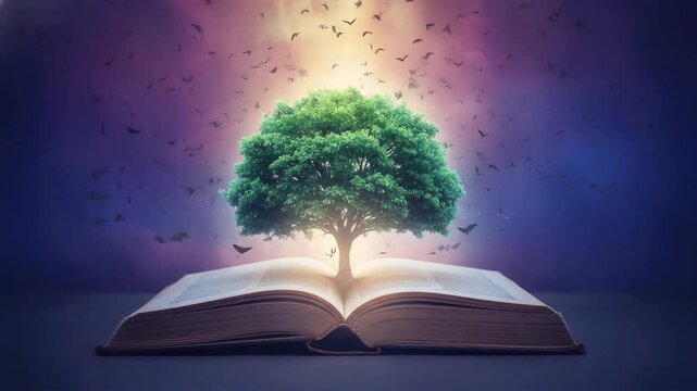 Magical glowing tree growing from open book with birds flying in fantasy scene