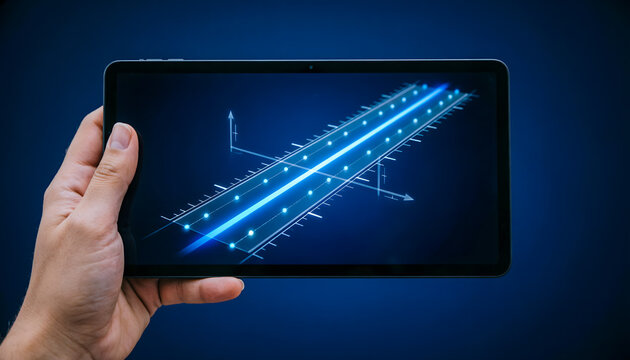 A 3D AI-powered Instrument Landing System (ILS) glideslope visualization on a digital tablet.