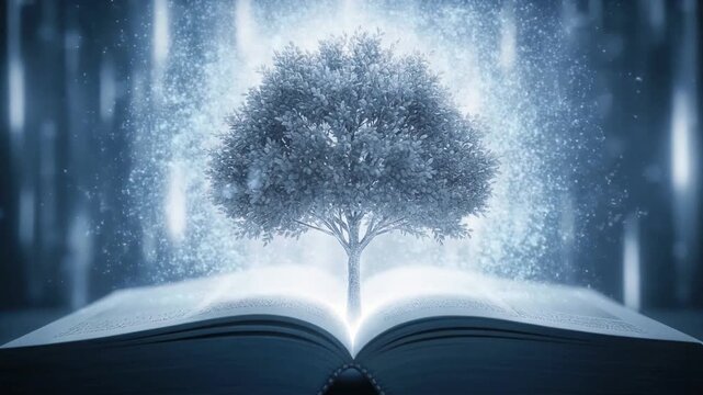 Mystical tree growing from open book with glowing background for fantasy storytelling and