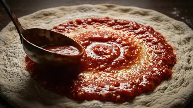 Tomato sauce poured onto pizza dough. Spreading red sauce on flat base in kitchen. Italian cooking process for homemade pizza preparation.