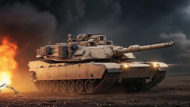 Powerful military tank firing cannon explosion battlefield smoke action scene