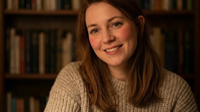 Woman smiling thoughtfully in cozy library with bookshelves. Relaxed reading session showing gentle poses and happy expressions. Cozy indoor moment with books.