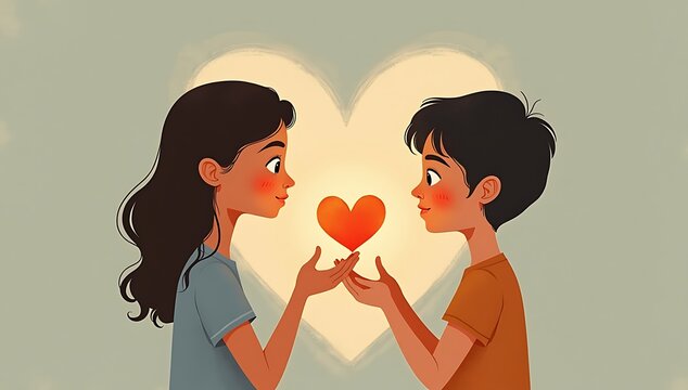 Illustration of one person offering a glowing heart while the other walks away unaware, minimal composition, emotional storytelling style