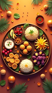 Top view illustration of a Navratri fasting thali with sabudana khichdi, kuttu puri, aloo sabzi, fruits, and sweets, clean minimal festive background, modern food styling