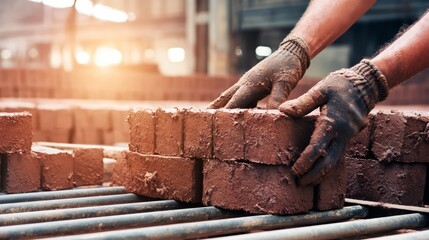 An industrial brick manufacturing worker stacking freshly molded clay brick.