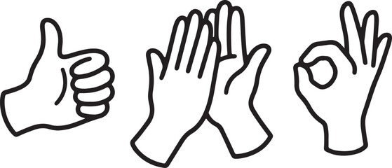 Fototapeta premium hand gesture thumbs up high five ok sign icon set black white outline vector collection