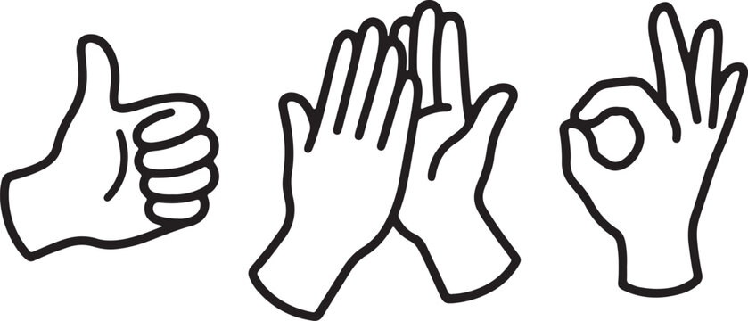 hand gesture thumbs up high five ok sign icon set black white outline vector collection