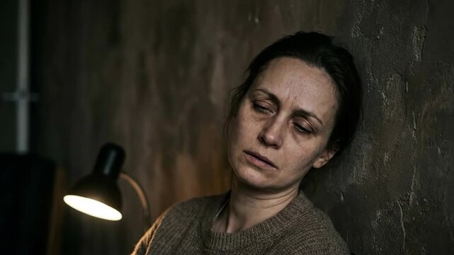 Woman transitioning from alert gaze to sleepy drowsiness in dimly lit room. Contemplative expression evolving into relaxed fatigue by soft lamp glow